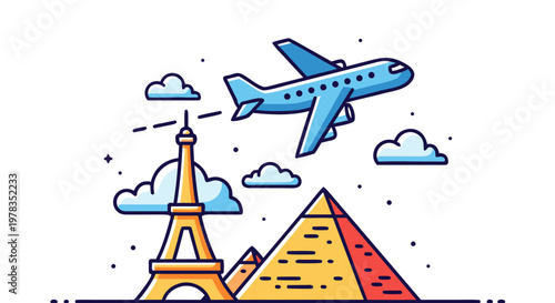 Explore the world with iconic landmarks and a travel airplane illustration