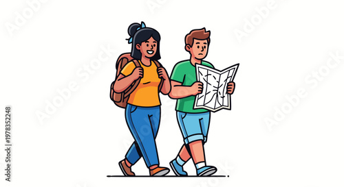 Couple of tourists with a backpack and a map exploring new places on an adventure journey