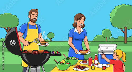 Family enjoying a summer barbecue outdoors with grilled food and refreshing drinks