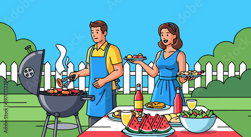 Barbecue party in a backyard with a happy couple grilling food and enjoying a summer picnic