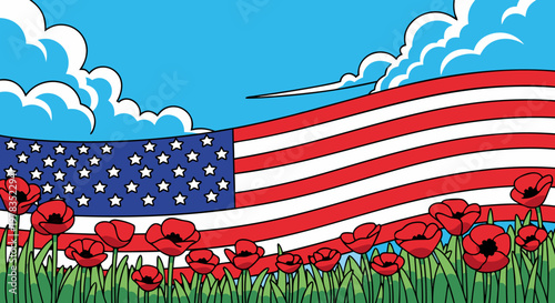 American Flag with Poppies and Clouds A Vibrant Patriotic Illustration