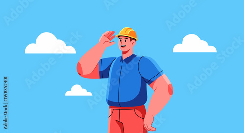 Construction worker looking forward with hope under a clear blue sky with clouds