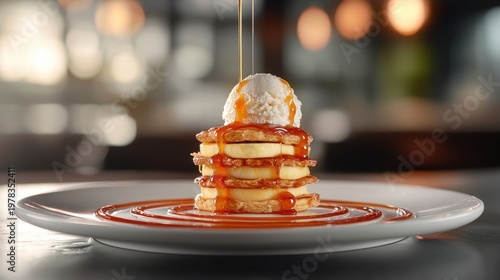 Pouring syrup amber caramel drizzling over gourmet mini pancake stack topped with vanilla ice cream scoop elegant white plate premium restaurant dessert fine dining