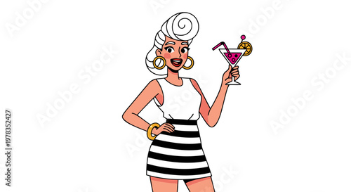 A stylish woman in a retro outfit enjoys a tropical cocktail with a garnish
