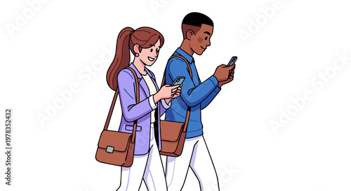 Young diverse couple walking and texting on their mobile phones, engrossed in their devices