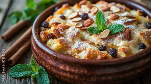 Premium capirotada bread pudding with toasted almonds and raisins, garnished with fresh mint in rustic ceramic dish on wooden table background