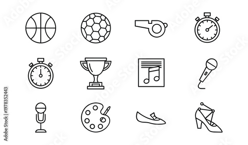 Black and white line of sports balls basketball soccer whistle stopwatch trophy music note