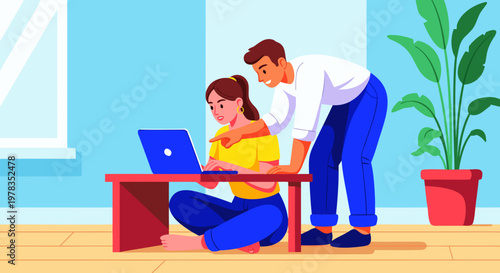Man helping woman working on laptop at home with plants in background