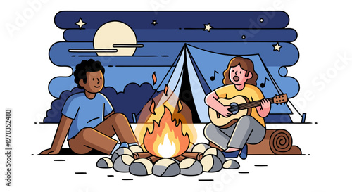 Couple enjoying a peaceful night camping, singing and playing guitar by a campfire under a starry sky