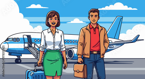Couple with luggage at the airport in front of a passenger airplane ready for travel
