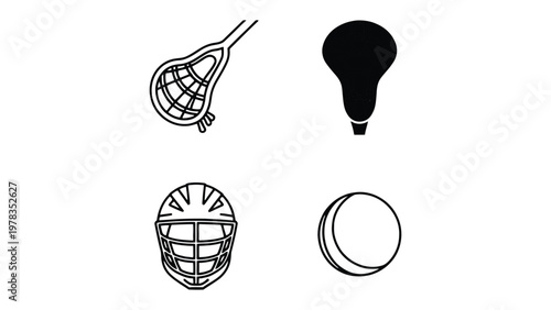 Lacrosse Gear Lineup: Illustrated lineup of lacrosse gear in a minimalist style, showcasing essential equipment. 