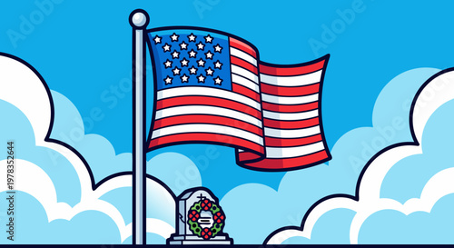 American flag waving proudly above a memorial wreath under a cloudy sky