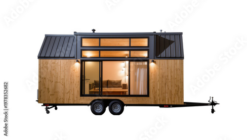 Modern tiny house on wheels with wood siding and large windows, isolated on transparent background