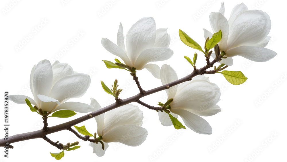 Fototapeta premium White magnolia flowers on a branch, isolated on transparent background
