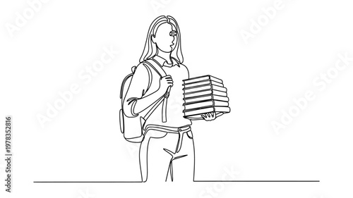 young woman with backpack and books. Continuous line style. Hand drawn. Line art. Vector design. illustrations
