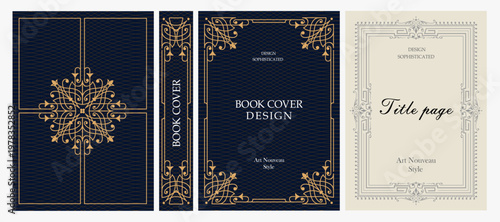 Classic vintage book cover, title page, spine design with Art Deco, Baroque, Art Nouveau and Victorian ornaments. Elegant decorative frame, retro style for publications, posters and artistic layouts.