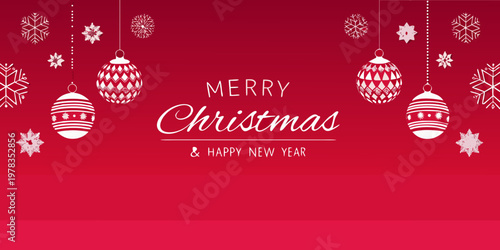 Festive red christmas background with ornaments and holiday greetings
