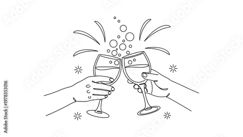 Hands holding champagne glasses celebrating. Continuous line style. Hand drawn. Line art. Vector design. illustrations