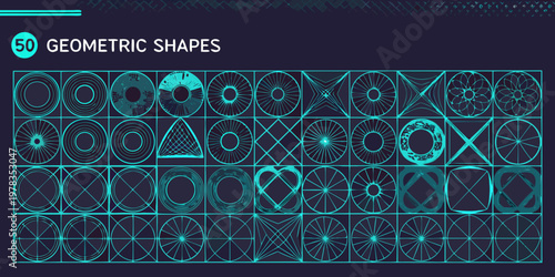 Collection of fifty vibrant geometric shapes displayed in a grid pattern