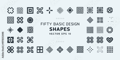 Collection of fifty geometric shapes arranged in rows vector illustration