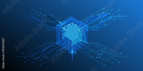 Abstract glowing circuitry forms a shield with a crystalline core