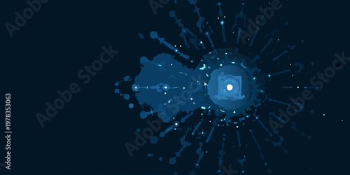 Abstract explosion of blue particles emanating from a central glowing cube