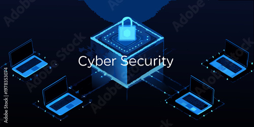 Cyber security concept with a padlock atop a cube and surrounding laptops