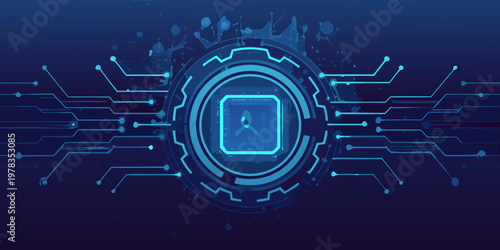 Abstract digital circuit with a central glowing square and connecting lines