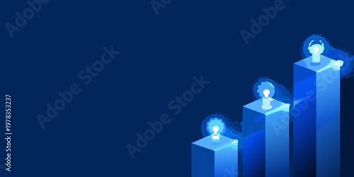 Abstract blue illustration of people atop rising rectangular platforms