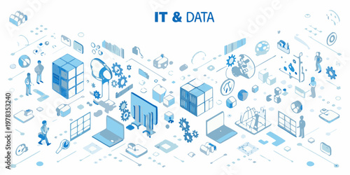 Isometric illustration depicting concepts of information technology and data science