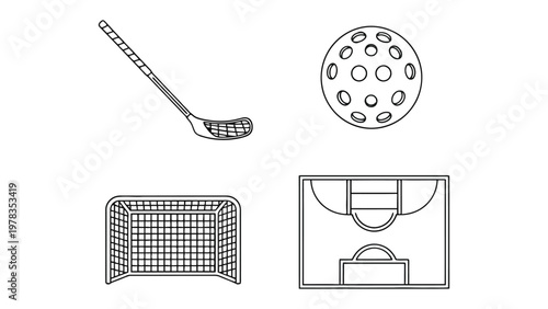 Floorball Gear: An illustrative depiction of key floorball equipment, perfect for sports related projects. Includes a stick, ball, goal, and the outline of a field. 