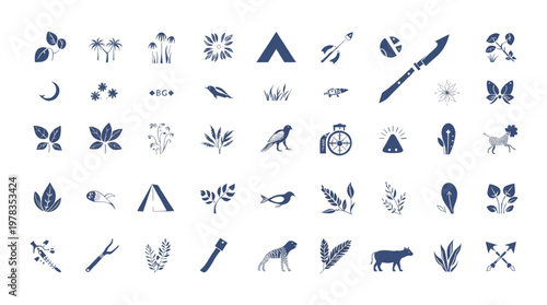 Icons Collection of Nature Animals and Outdoor Adventure Elements for Web and App Design