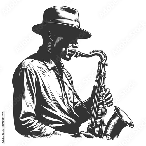 jazz musician playing saxophone, featuring expressive shading and a classic vintage engraving style sketch engraving generative ai vector illustration. Scratch board imitation. Black and white image.