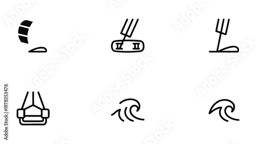 Essential Elements of Water Sports: A minimalistic, graphic array of essential water sports icons, each meticulously designed to capture the essence of aquatic adventures. 