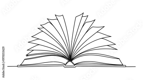 An open book with pages fanned out. Continuous line style. Hand drawn. Line art. Vector design. illustrations