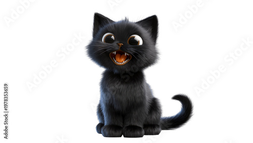 Fluffy black cartoon kitten with wide eyes and open mouth, isolated on transparent background