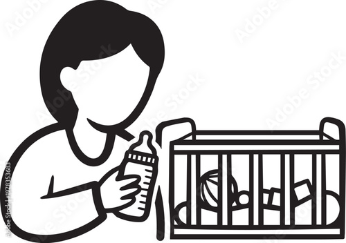 Mother Feeding Baby in Crib with Bottle – Infant Care Illustration for Parenting, Newborn Lifestyle, and Family Health Content