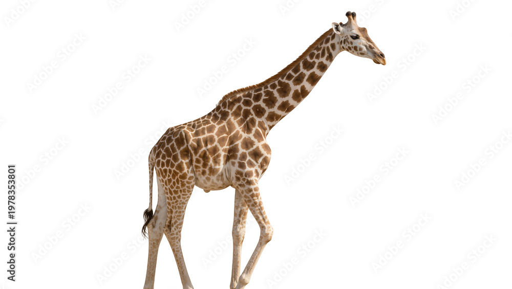 Obraz premium Tall spotted giraffe walking, isolated on transparent background