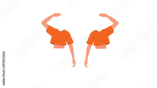 Set of two isolated orange tshirts with arms, flat vector illustration