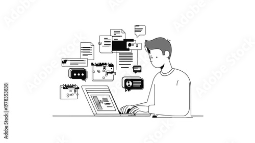 Man sitting at desk working on laptop with social media icons floating above.