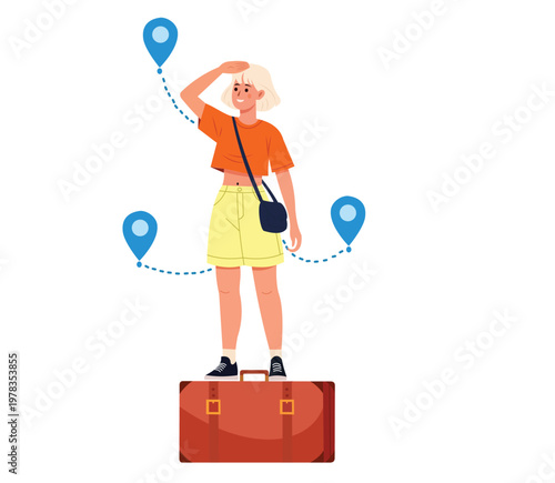 Young woman standing on a large suitcase looking for travel destinations