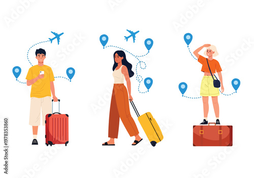 Set of people with suitcases and travel map pins, flat vector illustration of travelers preparing for a trip