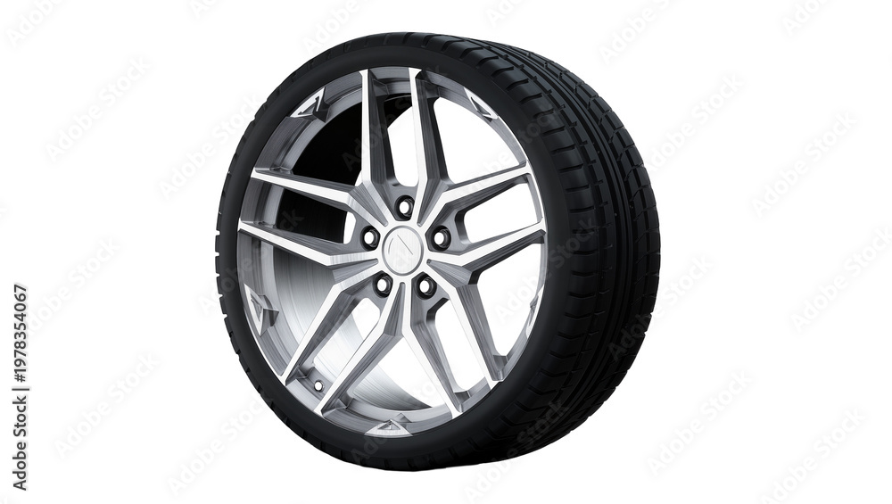 Obraz premium Polished silver alloy wheel with black rubber tire, isolated on transparent background