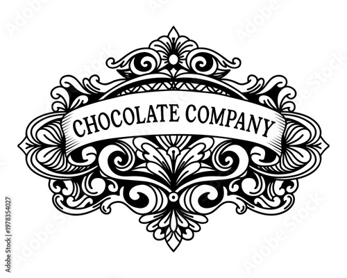 Vintage ornamental ribbon label with lush black flourishes, symmetrical scrollwork and elegant decorative composition, refined luxury emblem design for premium packaging and classic branding. Vector