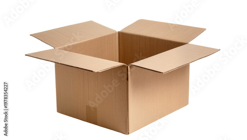 Open brown cardboard box with flaps extended, isolated on transparent background