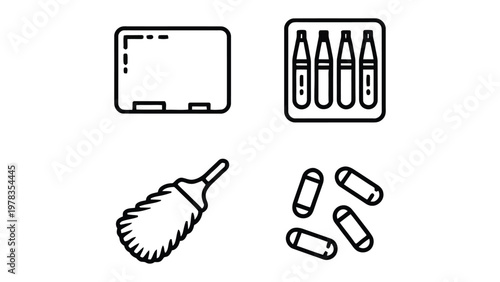 Workspace Essentials: A sleek, minimalistic illustration featuring essential workspace items, including a whiteboard, vials, duster, and capsules.