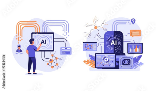 AI and human teamwork illustration for innovation and collaborative progress concept