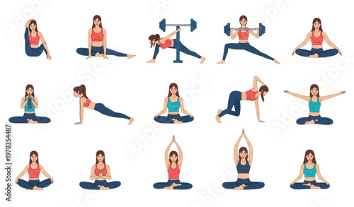 Fitness and yoga illustration set with young woman performing workout exercises