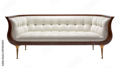 Elegant tufted white leather sofa with dark wood frame and brass legs, isolated on transparent background