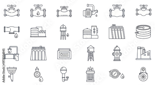 Industrial Water Systems Icons: Valves, Pumps, Towers, and Factories